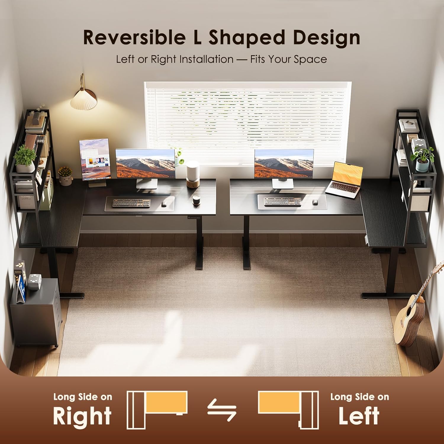 OffiGo L Shaped Electric Standing Desk, 63 Inch Reversible Corner Stand up Table with Hutch, Height Adjustable Ergonomic Large Lift Table for Home Office, Workstation, Black