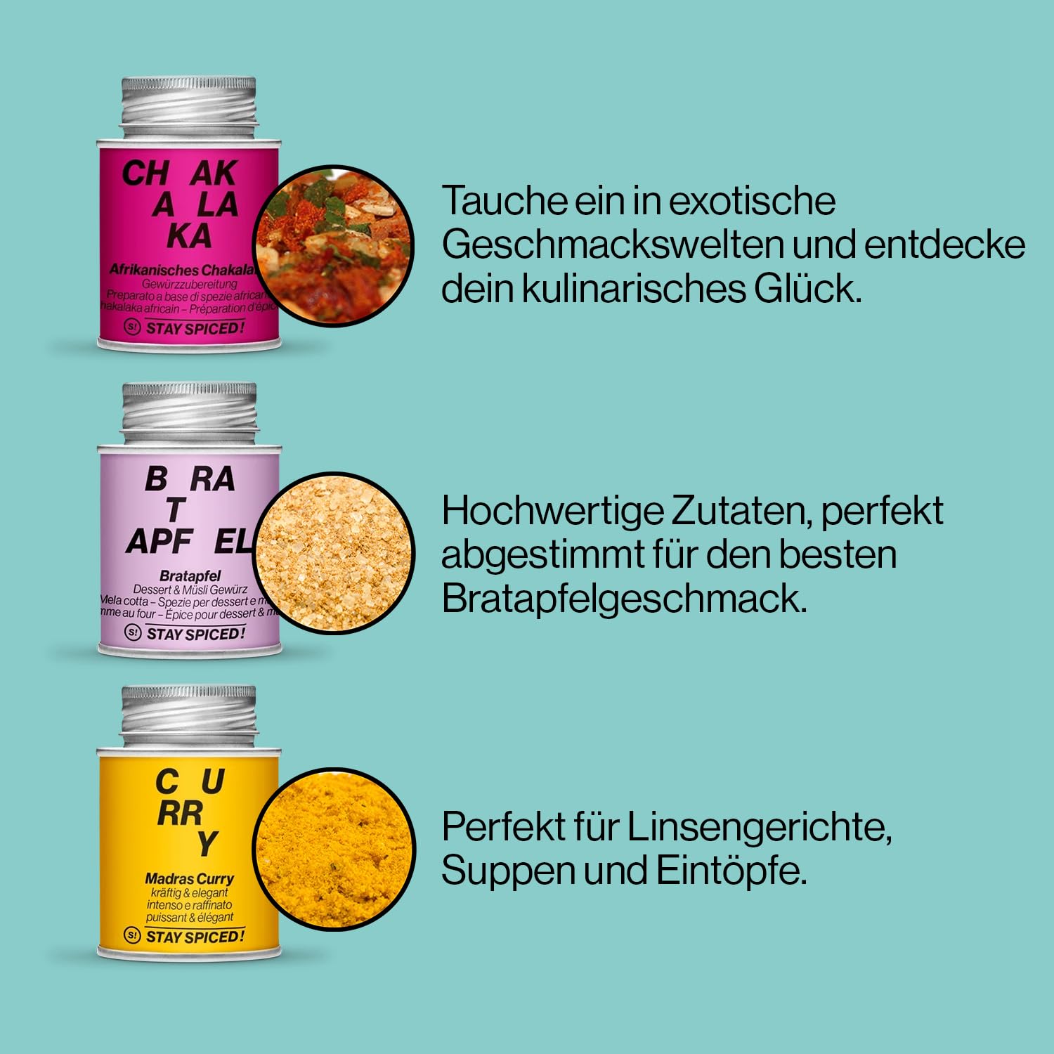 Stay Spiced !480 g / Famous Six - pudełko prezentowe I STAY SPICED !480 g pudełko na przyprawy z 6 popularnymi klasycznymi motywami przypraw z manufaktury przypraw I idealne jako prezent dla mężczyzn i kobiet