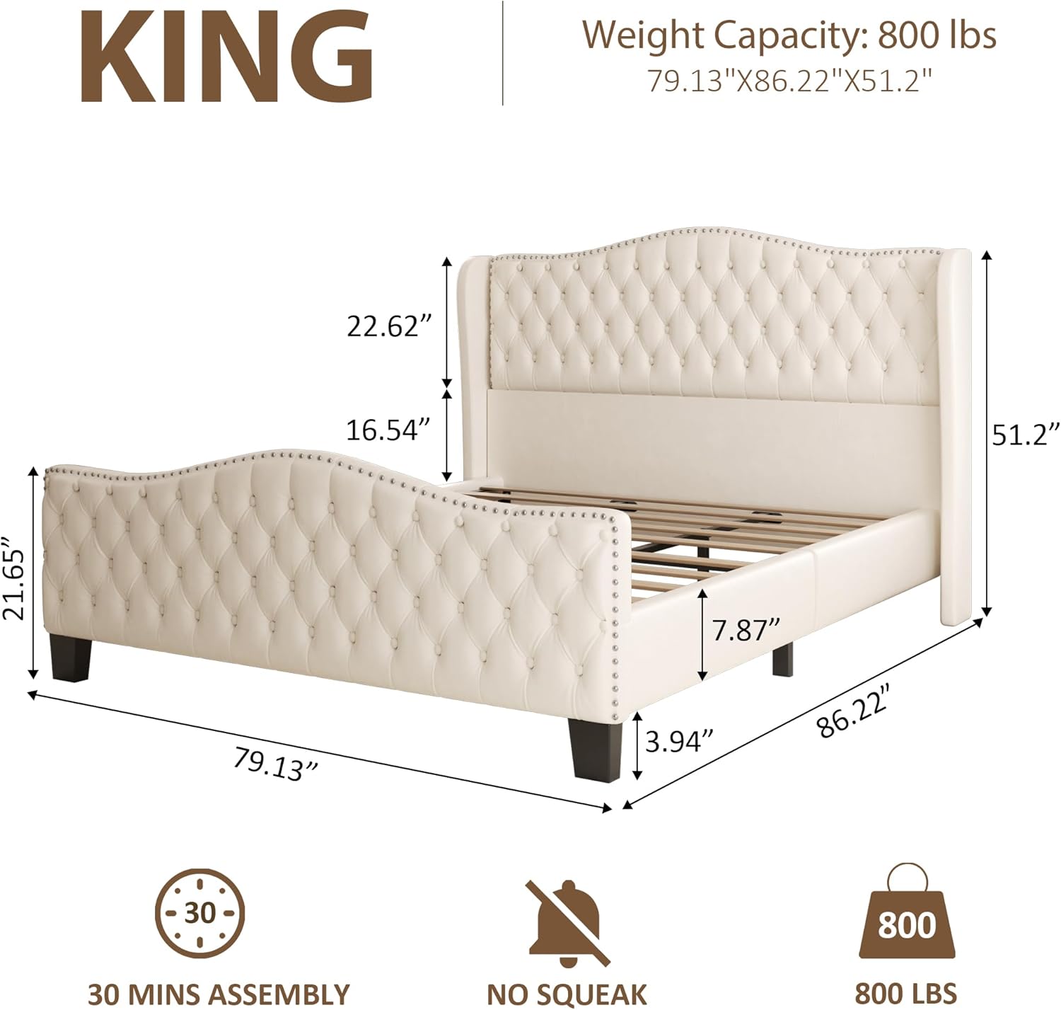 King Bed Frame with 51" Tall Headboard, Velvet Upholstered Platform Bed with Deep Button Tufted, Footboard & Nailhead Trim Wingback, No Box Spring Needed, Noise Free-Beige