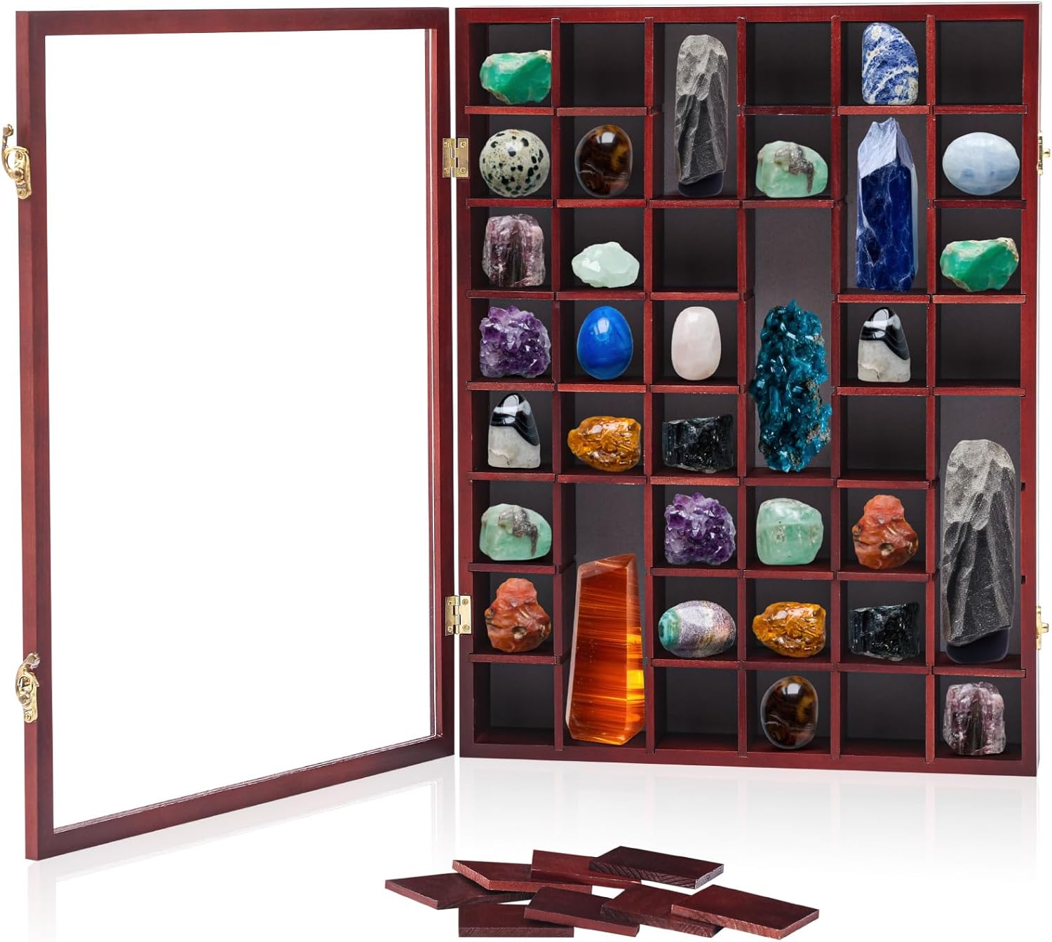 Yalikop Wood Adjustable Rock Display Case with Lid 48 Grids Rock Collection Shadow Box with Shelves Display Shelf Storage Organizer for Collectibles Trinket Gem Agate Opal Stone Mineral Crystal