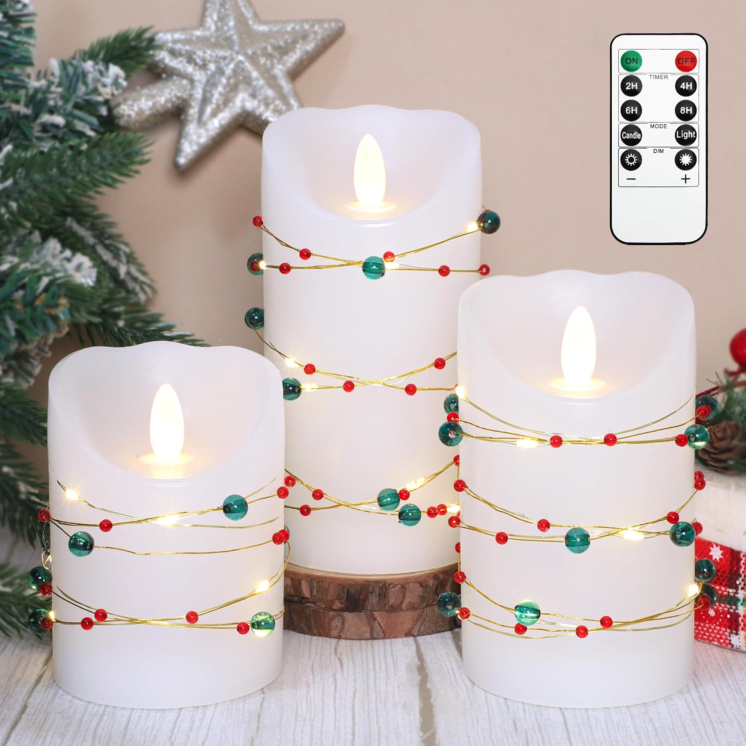 Holiday Flameless LED Candle with Red Green Beads String Light