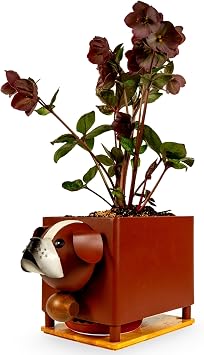 Made Easy Kit Animal Planter Box Metal Plant Pot with Drainage, Drip Tray & Wooden Base Indoor Outdoor Cute Garden & Yard Decor - All Weather Durable Brown Dog
