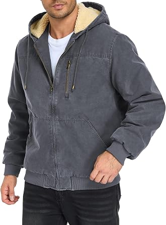 Oymyakon Mens Washed Work Jackets Sherpa Fleece Lined Workwear Coats Relaxed Fit Winter Hooded Utility Jacket