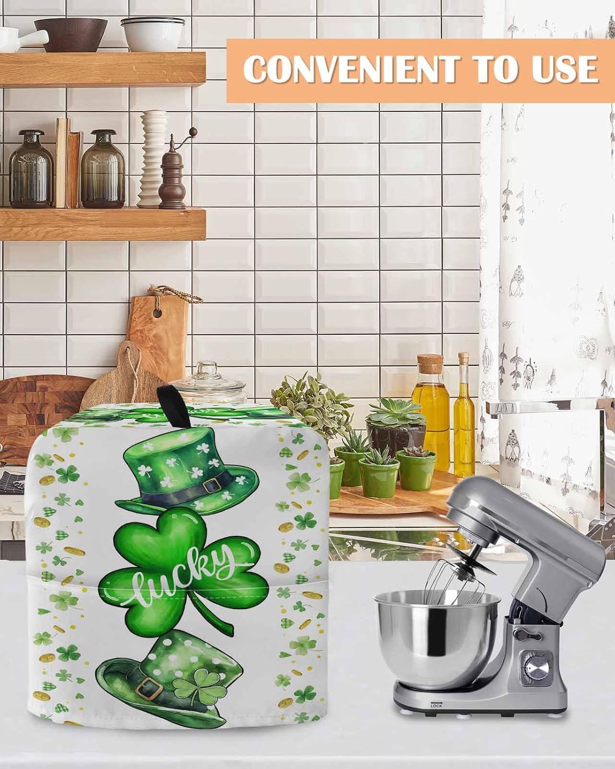 Saint Patrick's Day Stand Mixer Cover with Storage Pocket, Waterproof Kitchen Mixer Covers, Spring Green Clovers Hats Coin Love Kitchen Appliance Dust Cover Compatible with 5-8 Quart Mixers