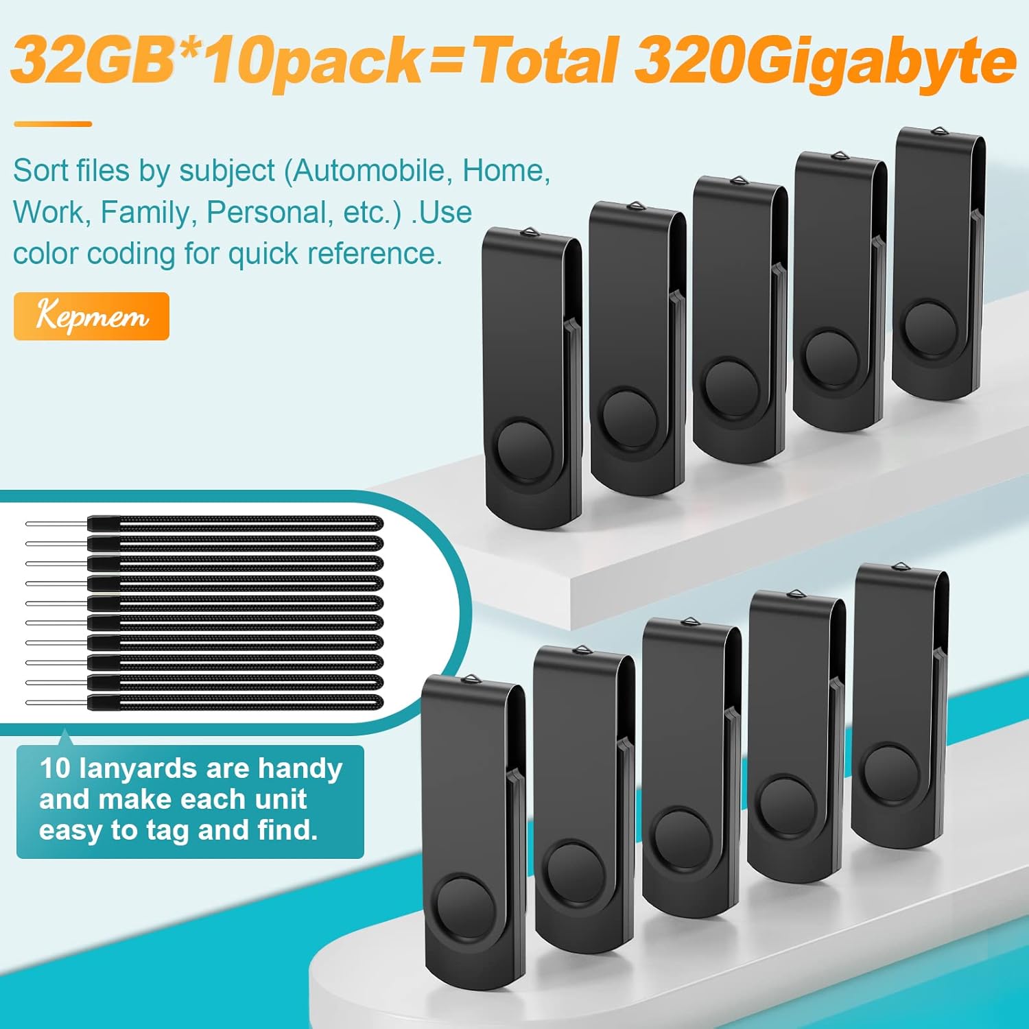 Kepmem USB Flash Drive 1GB - Bulk Pack of 10 - Black Fold Data Storage Thumb Pen Drive by