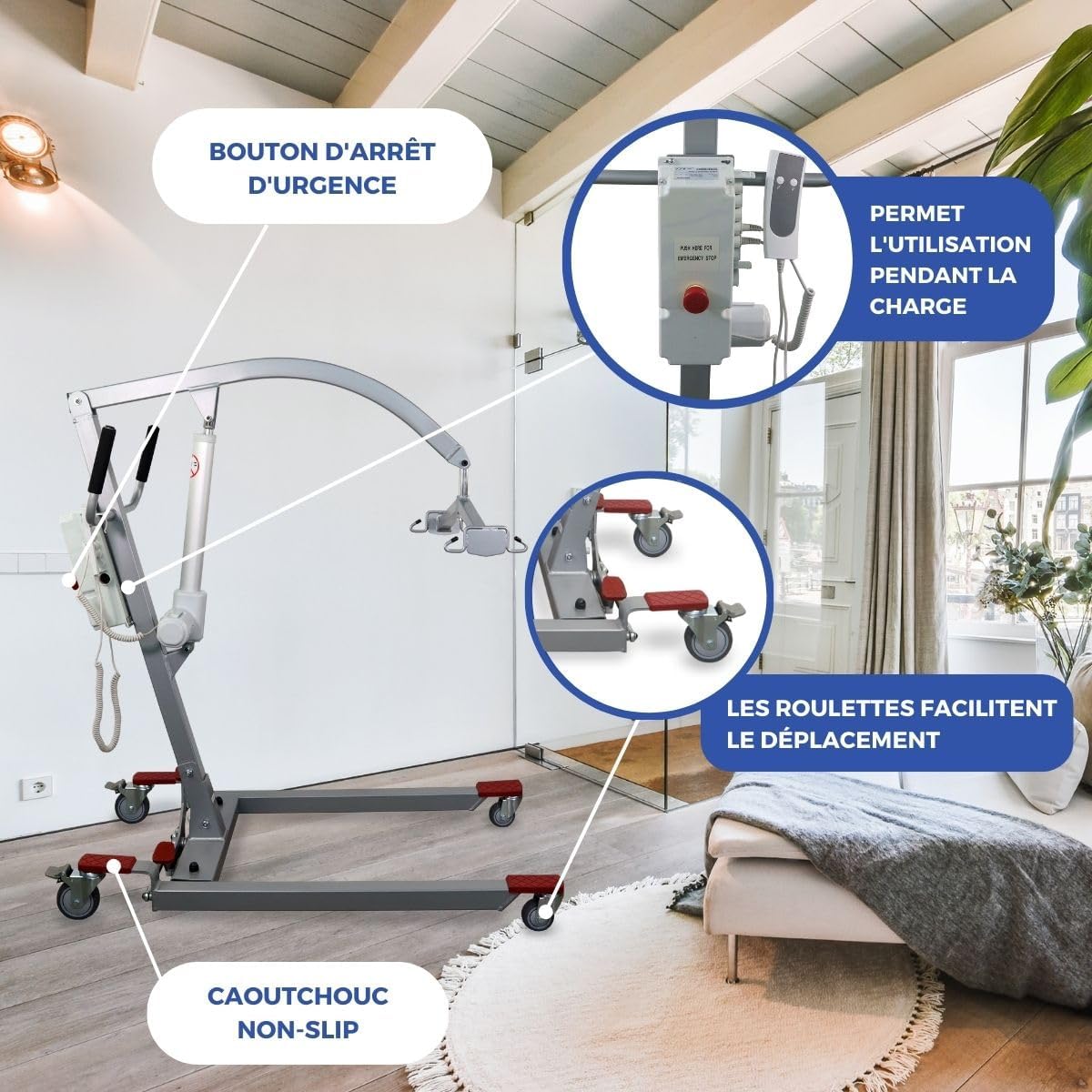 Mobiclinic Fortuna Basic patient lift showing emergency stop button and non-slip features