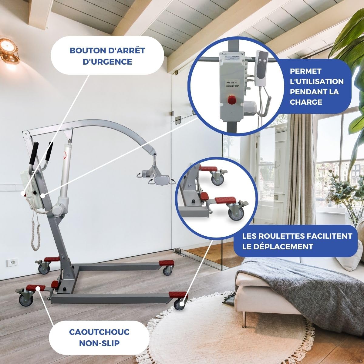 Mobiclinic®, Lève-personne Électrique pour Personnes Âgées, Jusqu'à 180 kg, avec Harnais de Transfert Inclus, Largeur Réglable, Utilisation Pendant la Charge, Roues avec Freins, Acier, Fortuna Basic
