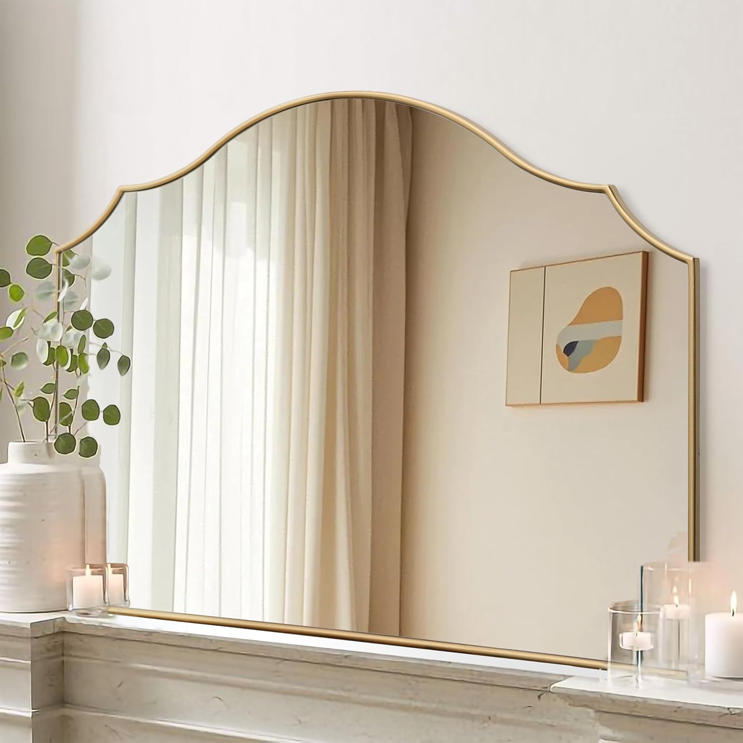 Besdomus Gold Scalloped Wall Mirror 40x29 Large Modern Minimalist Bathroom Mirror - Decorative Vanity Arched Mirrors for Dresser