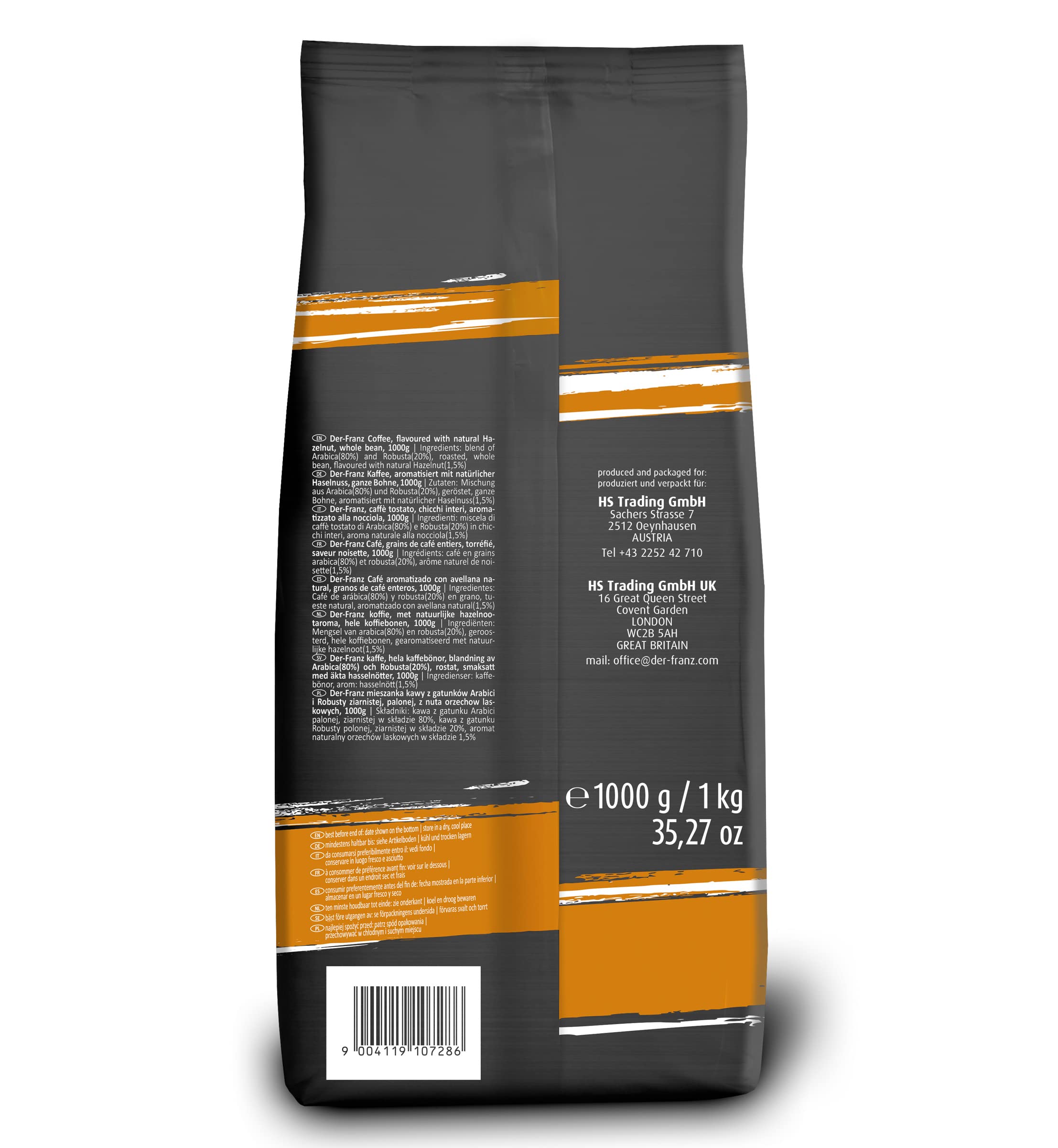 Der-Franz Café, Aromatizados con Avellana, Café mezcla de Arábica y Robusta granos enteros, 1000 g