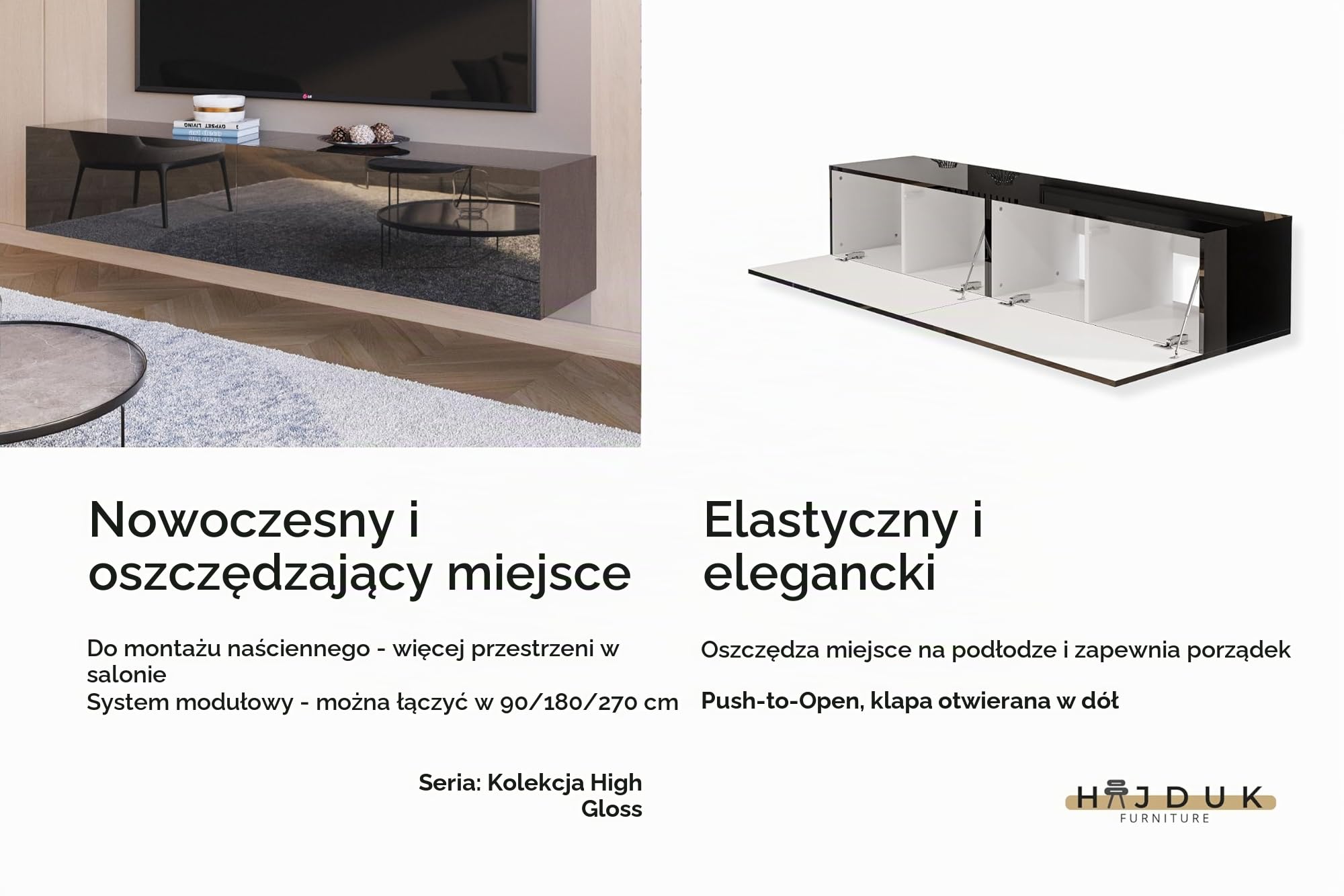 Szafka RTV Wisząca Połysk Czarna 180 cm (2x90 cm) Lowboard Push To Open Bez Uchwytów Szafka Pod Telewizor Do Salonu 180x35x40 cm Nowoczesna