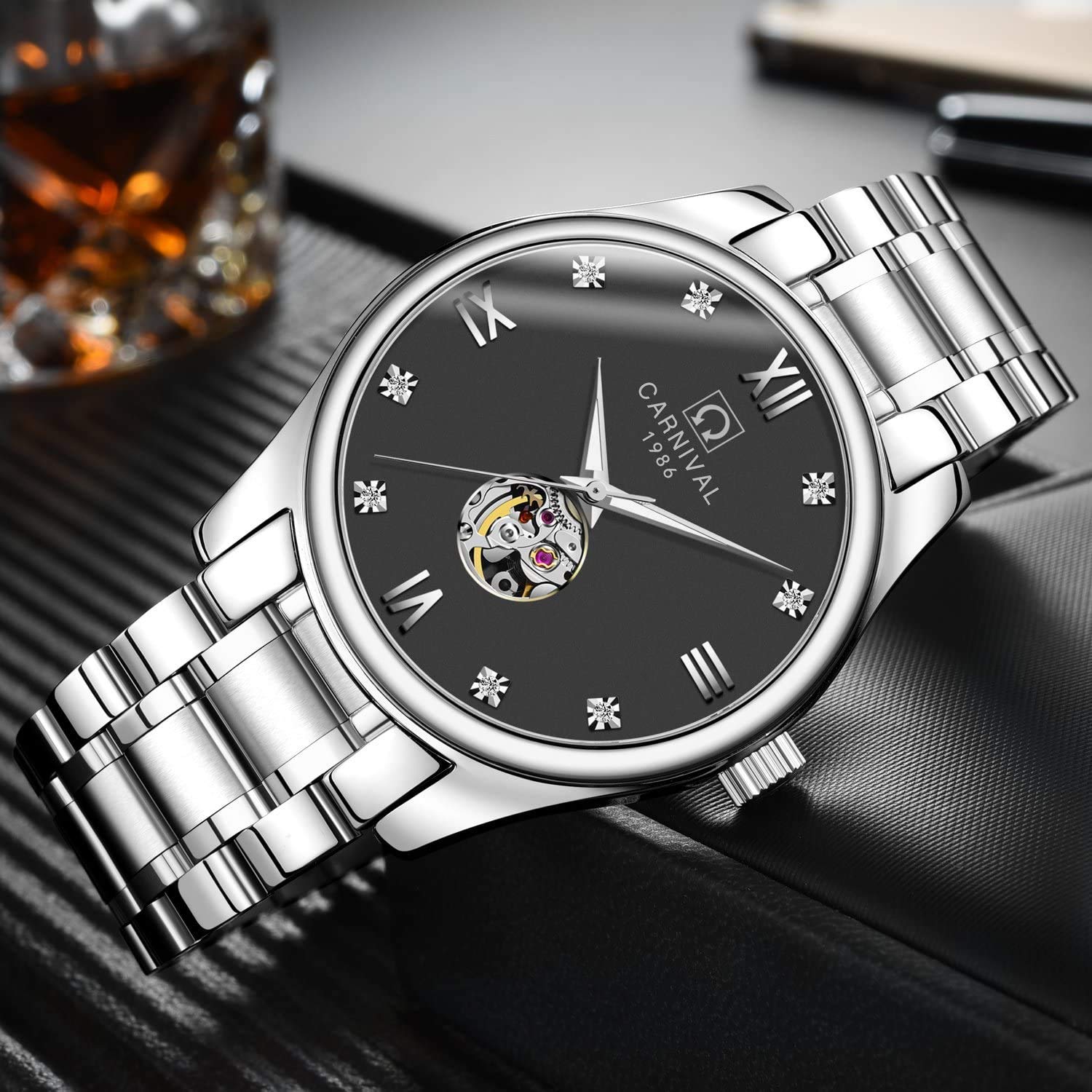 MASTOP Swiss Couple Watches - Reloj mecánico automático para hombre y mujer, esfera de diamante luminoso, dorado, plateado, juego de 2