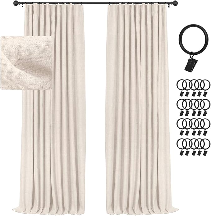 INOVADAY 100% Blackout Curtains for Bedroom, Clip Rings/Rod Pocket Black Out Curtains 2 Panels Set, Thermal Insulated Linen Blackout Curtains & Drapes for Living Room, W50 x L84, Birch