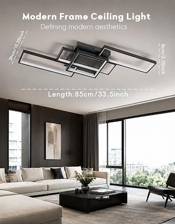 85cm LED Ceiling Light Dimmable, Modern Rectangular Ceiling Lamp for Living Room Bedroom, APP & Remote Control, Flicker-Free with Memory Function & Control Lock (Black) [Energy Class E]