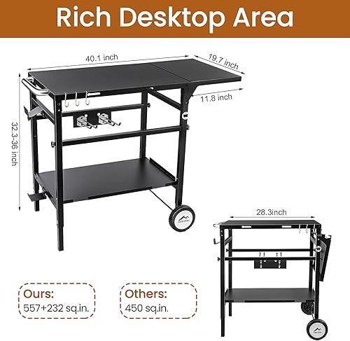 Miniatura 3 de Mesa plegable para parrilla con doble estante, carrito de barbacoa móvil de 40 x 20 pulgadas, resistente, altura ajustable, amplio soporte de