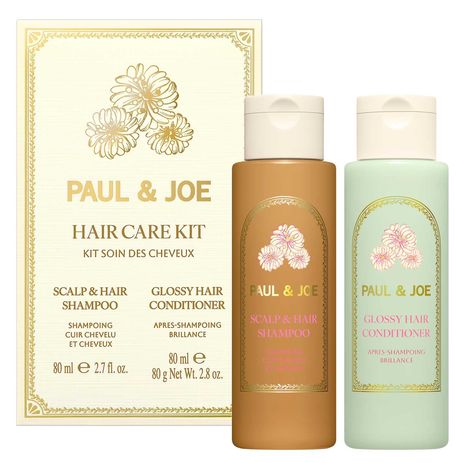 PAUL & JOE Kit Soin Des Cheveux | Shampooing Hydratant & Après-Shampooing Réparateur pour Cheveux Abîmés | Kit Voyage Anti-Frisottis 80ml x2