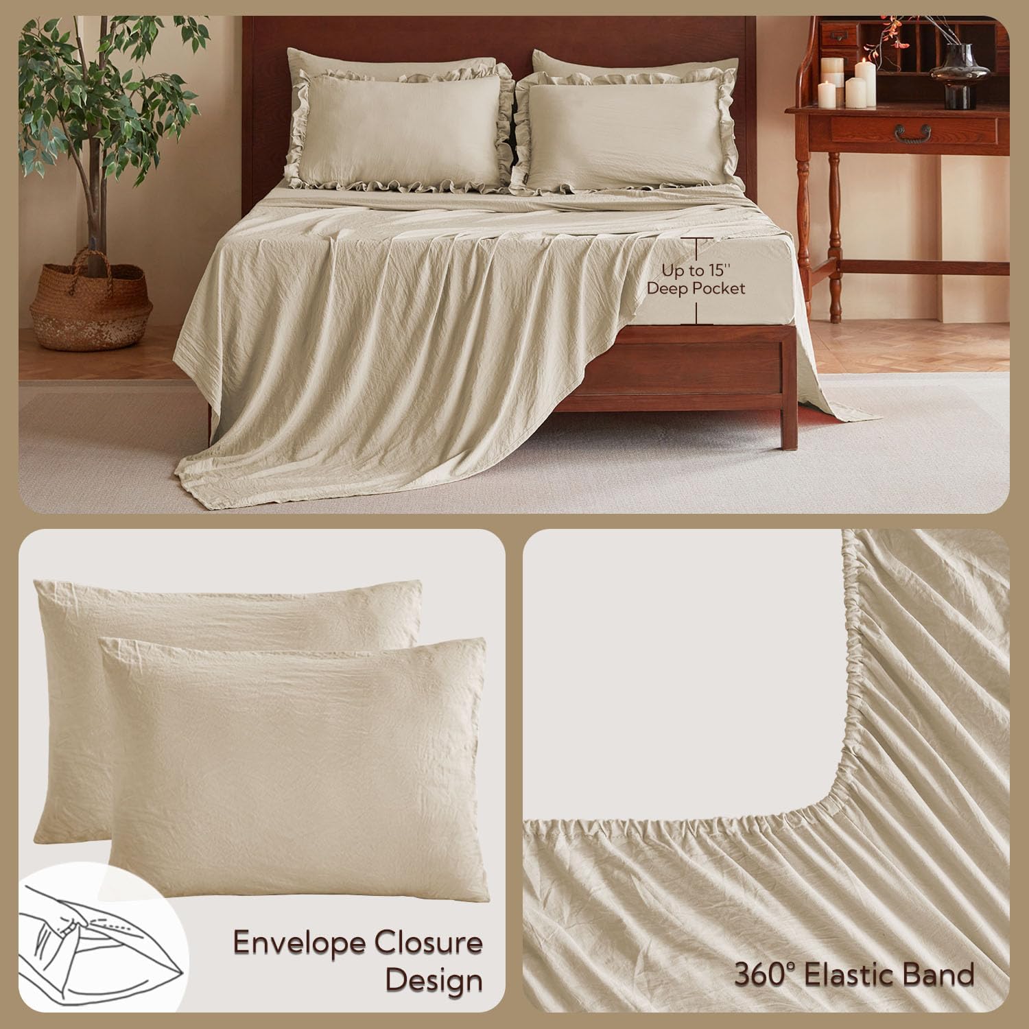 MR&HM Queen Comforter Set Linen, Comforter Set 7 Pieces for Girls Women, Shabby Chic Vintage Cottagecore Bed Sets Elegance Boho Bed in a Bag, Ultra-Soft & Fluffy Comforter for All Season - Image 8