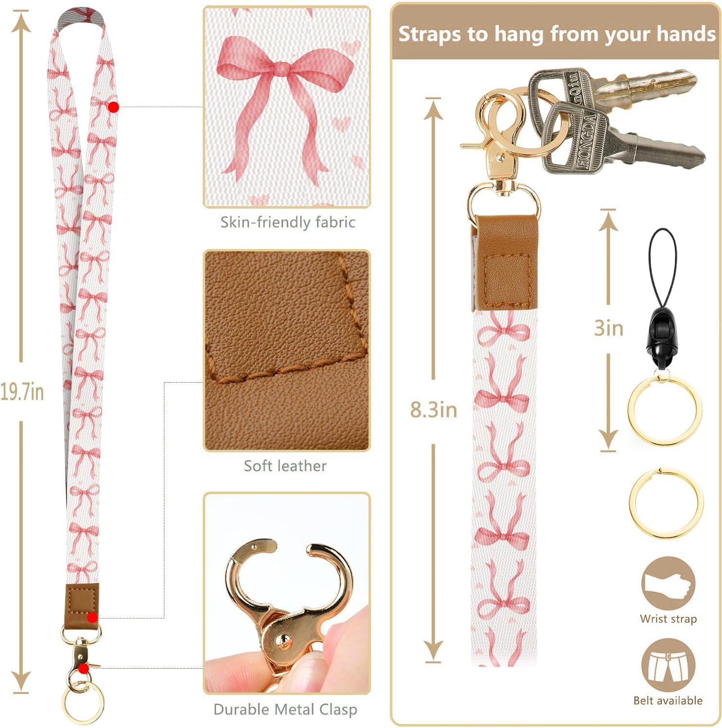 bolimoss Pink Bows Lanyard Wallet with Id Holder, RFID Leather Id Badge Holder with Breakaway Wristlet & Neck Lanyards, Teacher Lanyard for Id Badges，Small Id Card Holder for School Student Nurse ﻿ image 3