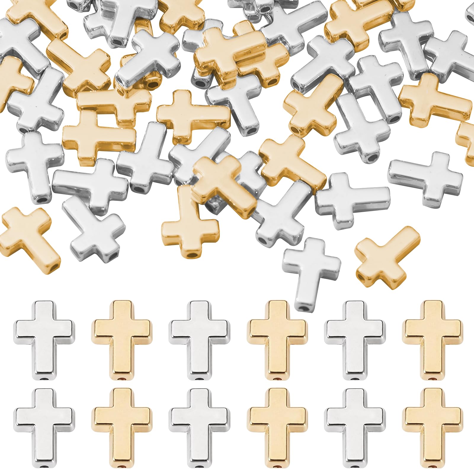 400Pcs Bulk Cross Beads for Jewelry Making,Gold & Silver CCB Plastic Crucifix Spacer Charms,Mini Religious Jesus Christian Loose Beads for Bracelets, Necklaces, DIY Crafts