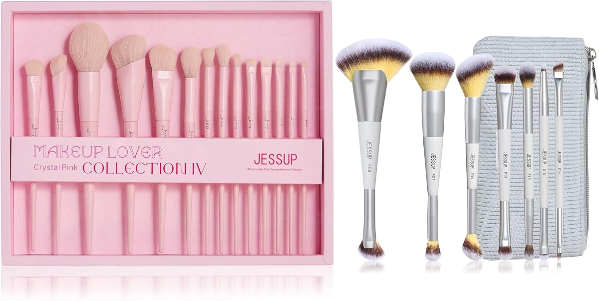Jessup Juego de brochas de maquillaje rosa 14 piezas con caja de regalo T495-G Incluye juego de brochas de maquillaje 7 piezas de doble punta con bolsa Gris silencioso T520