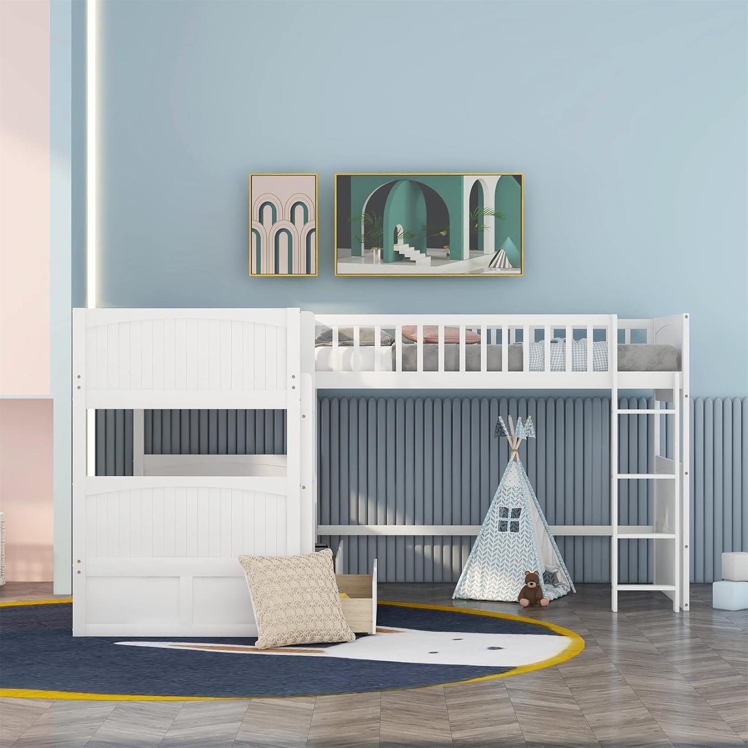 Bellemave Triple Bunk Beds, L-Shaped Bunk Bed for 3 with Drawers,Twin Over Twin Wood Bunk Bed and Loft Bed with Storage for Kids, Boys, Girls, Teens, Adults, White