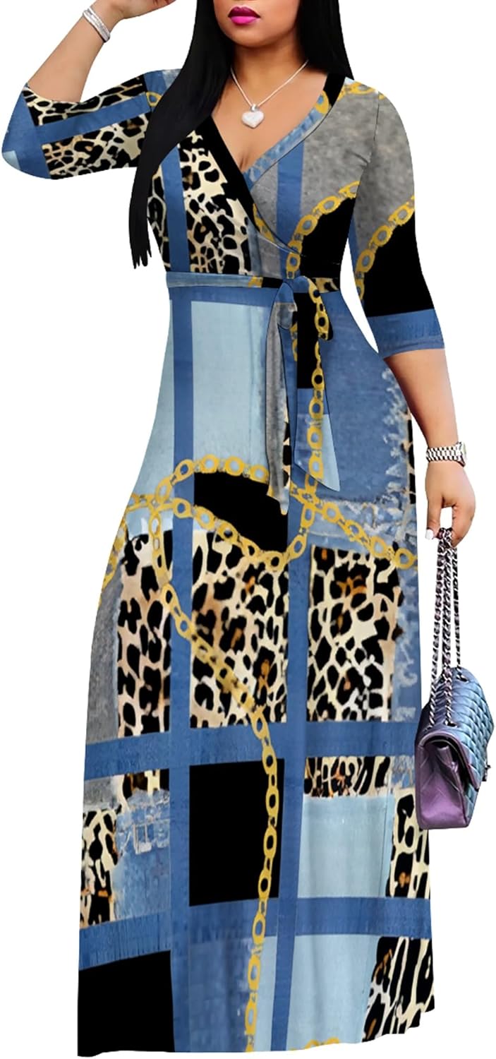 PinkPatty Plus Size Maxi Dress for Women Casual Summer Sundress 3/4 Sleeves Party Dresses with Belted Medium - Image 2