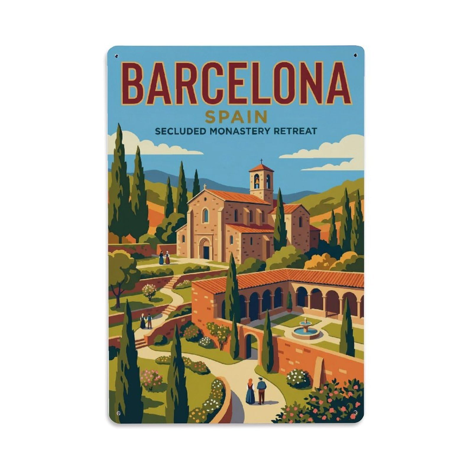 Vintage Travel Monastery Spain Secluded Metal Tin Sign Plaque Wall Decor for Cafe, Club Bar, Office, Home Garden Metal Poster 8x12Inch