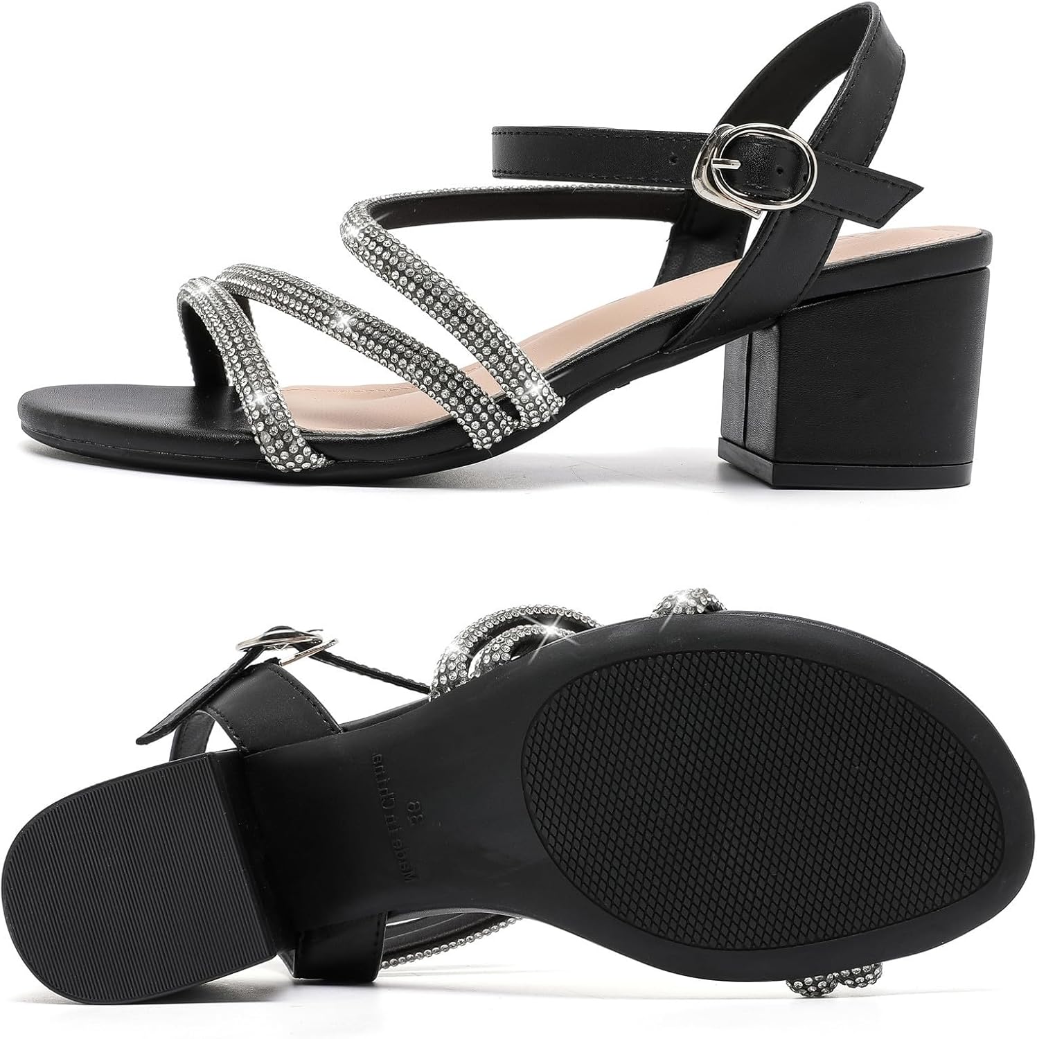 DADAWEN Women's Strappy Open Toe Rhinestone Low Block Chunky Heels Sandals Ankle Buckle Heeled Sandals Wedding Party Dress Pumps Shoes - Image 6