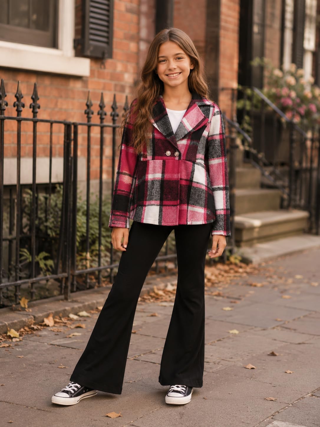 Girls Clothes 2 Piece Outfits Plaid Flannel Long-Sleeve Top and Flare Pants- Fall Winter Clothing Sets 7-14 Years