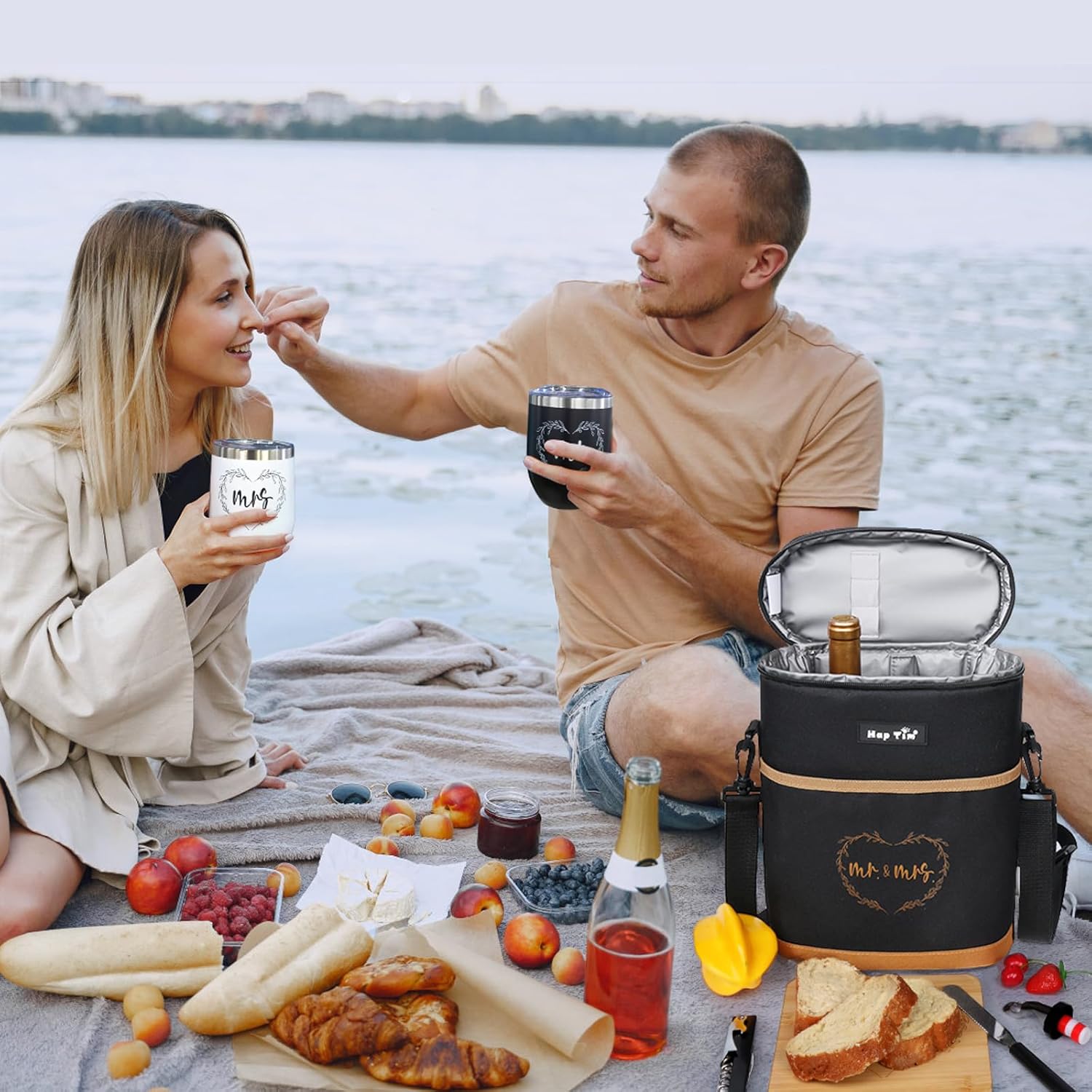 Hap Tim Wedding Gifts for Couples, Bridal Shower Gifts, Engagement Gifts for Newlyweds, Mr and Mrs gifts - Wine Cooler Bag Insulated Wine Carrier Tote with Tumblers, Bamboo Cheese Borad - Image 6