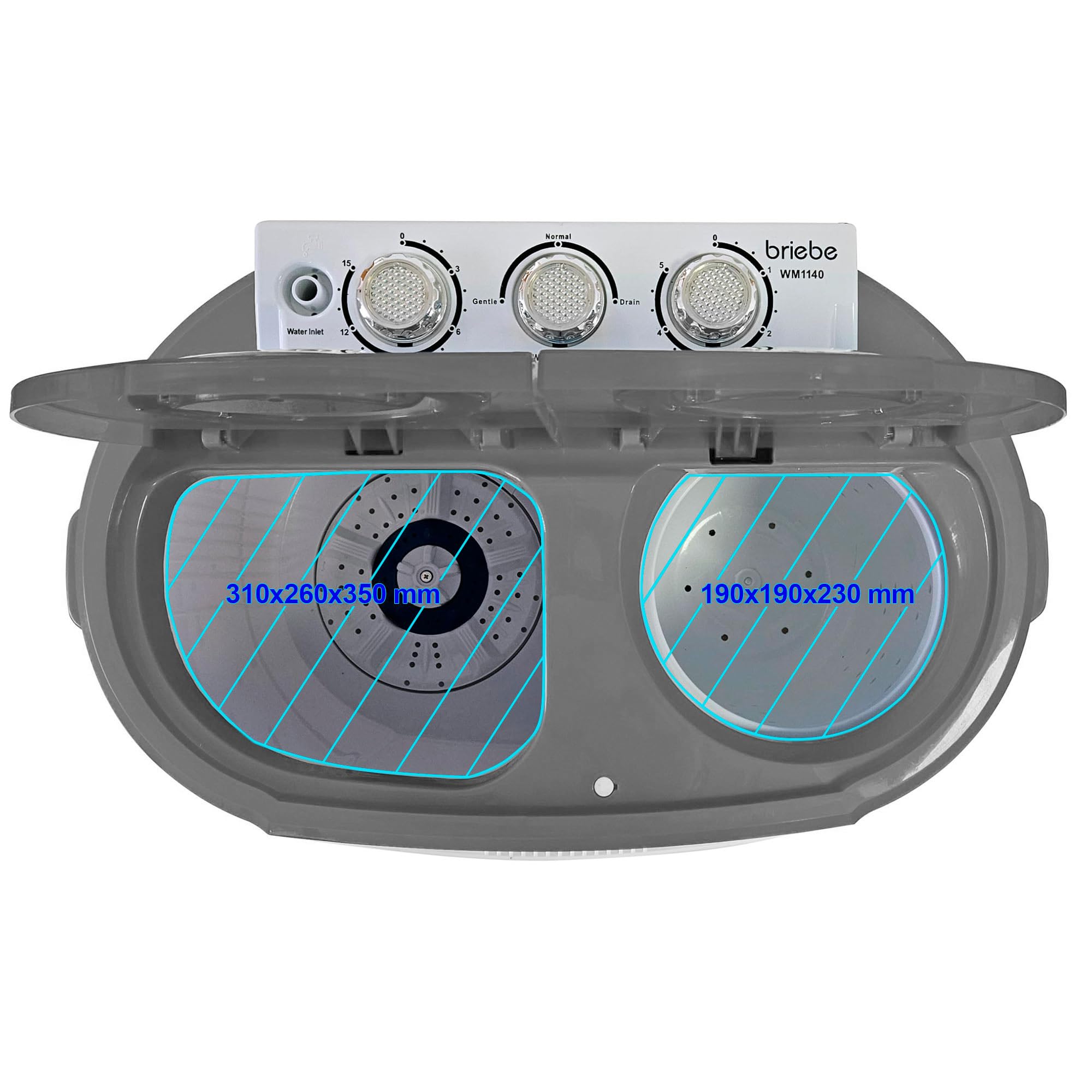 briebe Camp Mini-Waschmaschine, Tragbar, mit Schleuder, Camping, Kapazität 3 kg, Ideal für Reisen, Wohnwagen, Wohnmobile, Kleine mit 2 Fächern, Geringer Wasser- und Energieverbrauch, Grau/Weiß