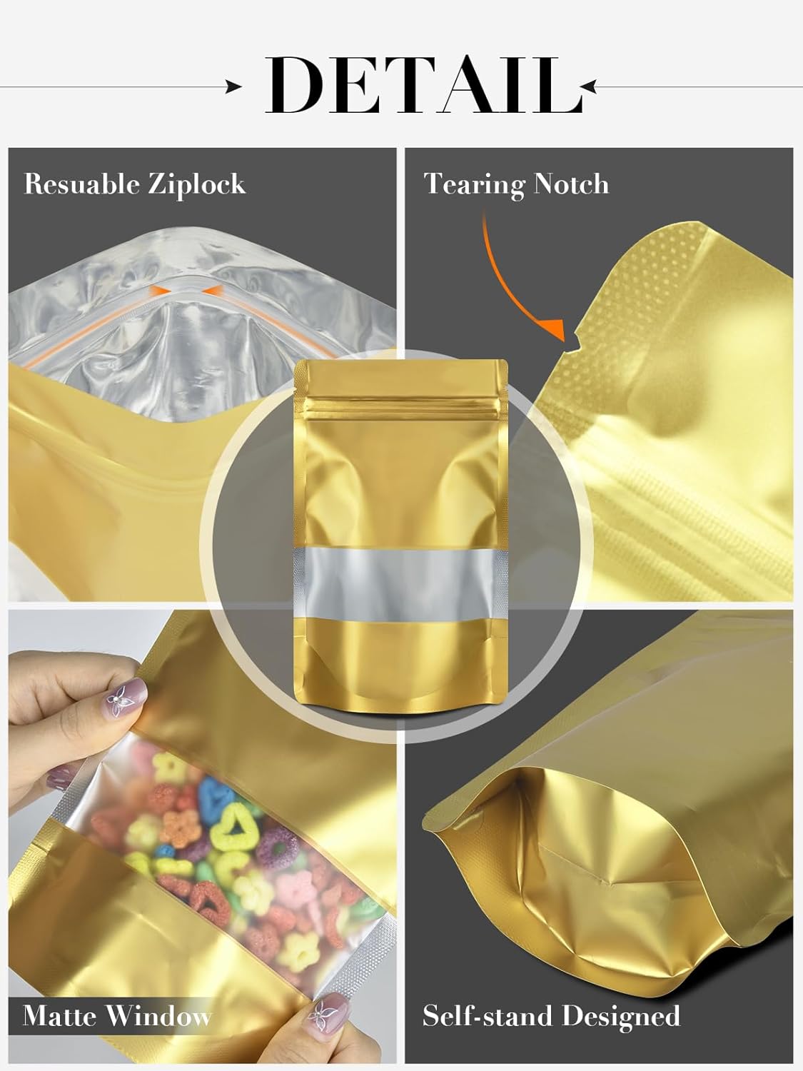 200pcs 5.5"X7.8" Mylar Bags for Food Storage,Stand-up Resealable Bag with Matte Window, Stand Up Smell Proof Bags, Foil Pouch Sealable Treat Bag for Small business Packagin(Gold)