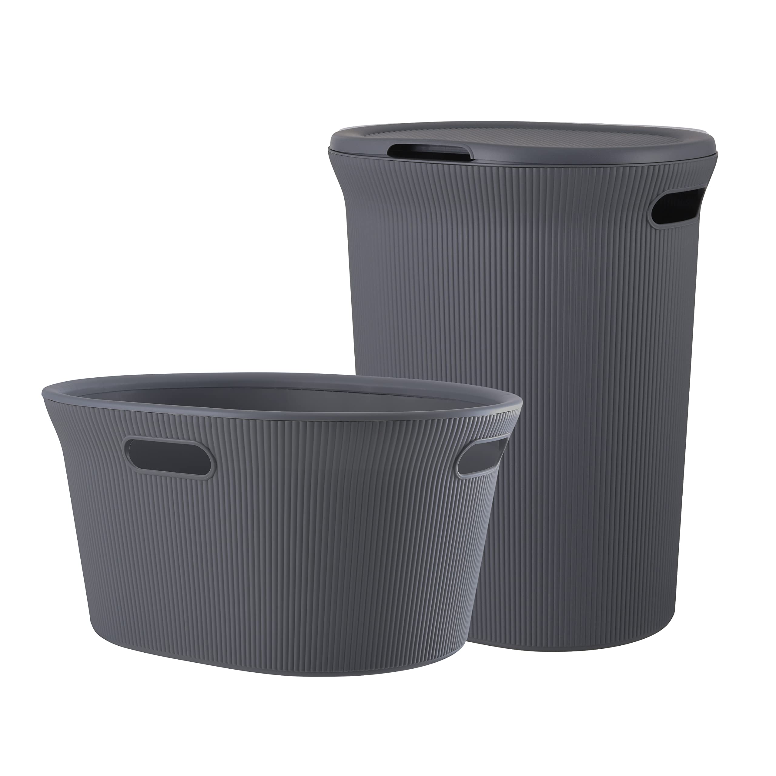 Superio Ribbed Collection - Decorative Plastic Laundry Basket &amp; Laundry Hamper with Lid and Cut-Out Handles, Grey (Set of 2) Organzier for Bedroom Bathroom College Dorm Room