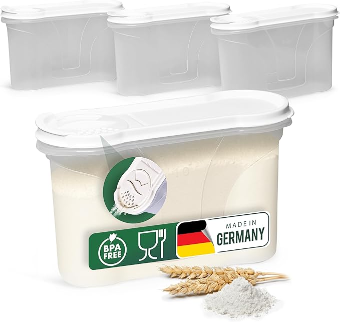 Novaliv Schüttdosen 4 STÜCK Vorratsdose zum Streuen 1,3 Liter – Maße (LxBxH): 22 x 13 x 8,5 cm – Dose mit Deckel 1l für Müsli Mehl Zucker Dosen Küchen Organizer Food Box Meal-Prep-Boxen