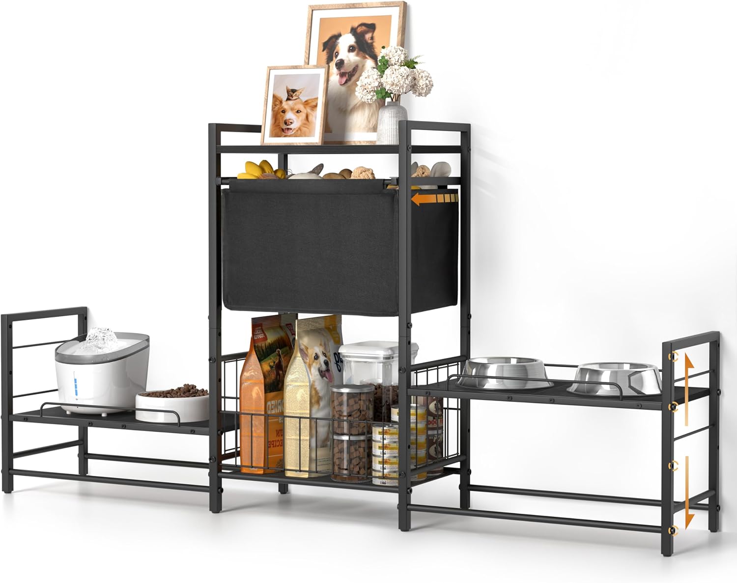 Elevated Dog Bowl Stand with 2 Feeding Stations, Adjustable Raised Feeding Station Cabinet with Toy Bin Basket, Lifted Food and Water Bowl Holder, Pet Storage Organizer for Large Medium Small Dogs