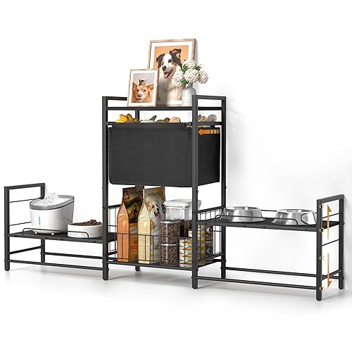 Elevated Dog Bowl Stand with 2 Feeding Stations, Adjustable Raised Feeding Station Cabinet with Toy Bin Basket, Lifted Food and Water Bowl Holder, Pet Storage Organizer for Large Medium Small Dogs - Black-2 Feeder Station