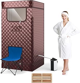 RELAX4LIFE Mobile Dampfsauna 3L, Heimsauna mit Fernbedienung&Saunastuhl, Sitzsauna mit 9 Temperaturstufen, Timer&Vernebelungsfunktion, Mini Sauna 1000W Verdampfer, Saunakabine 91x91x183cm (Kaffee)