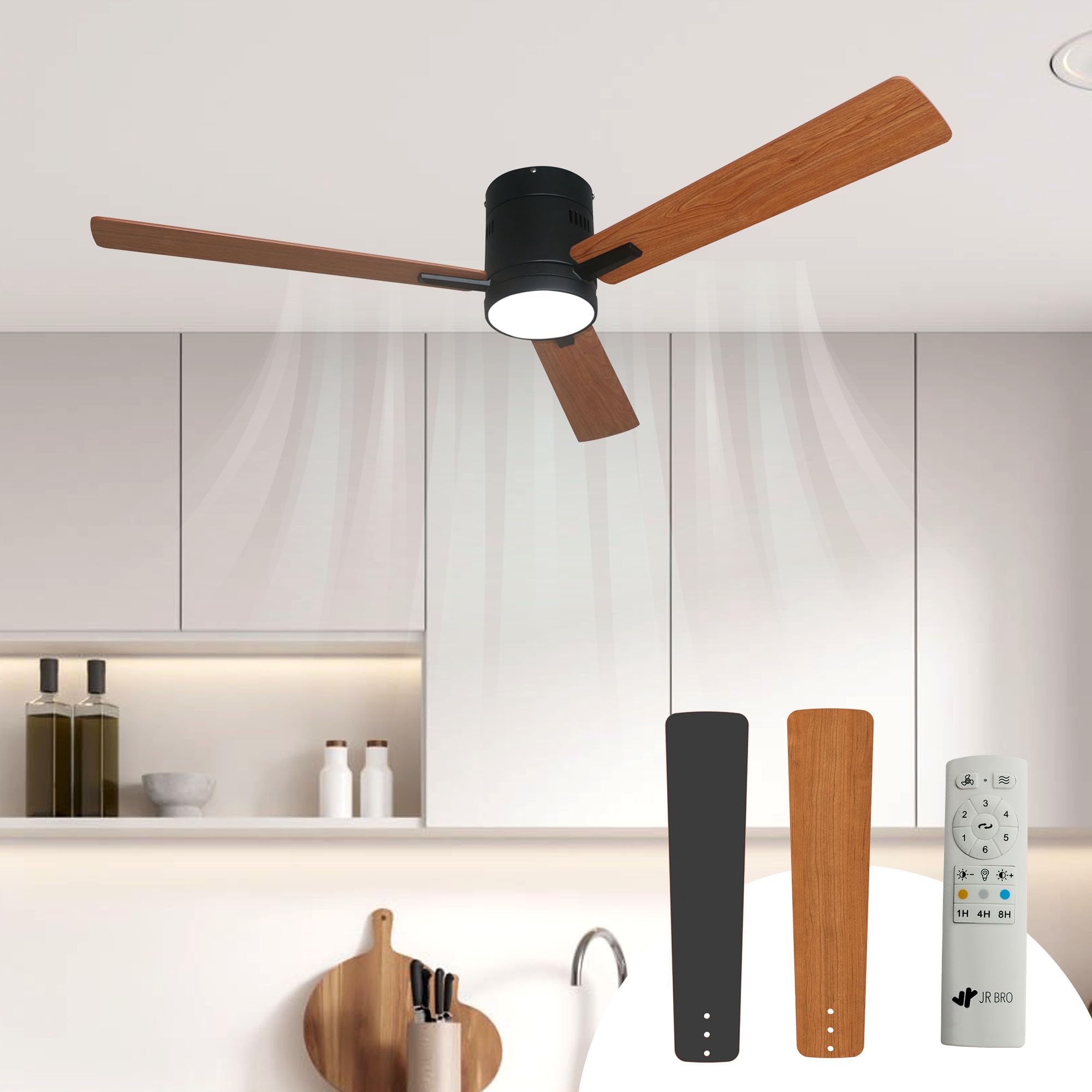 Ventilador de techo con luz y mando a distancia,LED con 3 colores,iluminación regulable,DC silencioso,Ø132 cm,6 velocidades,temporizador,modo verano/invierno,para dormitorio y salón (Negro)