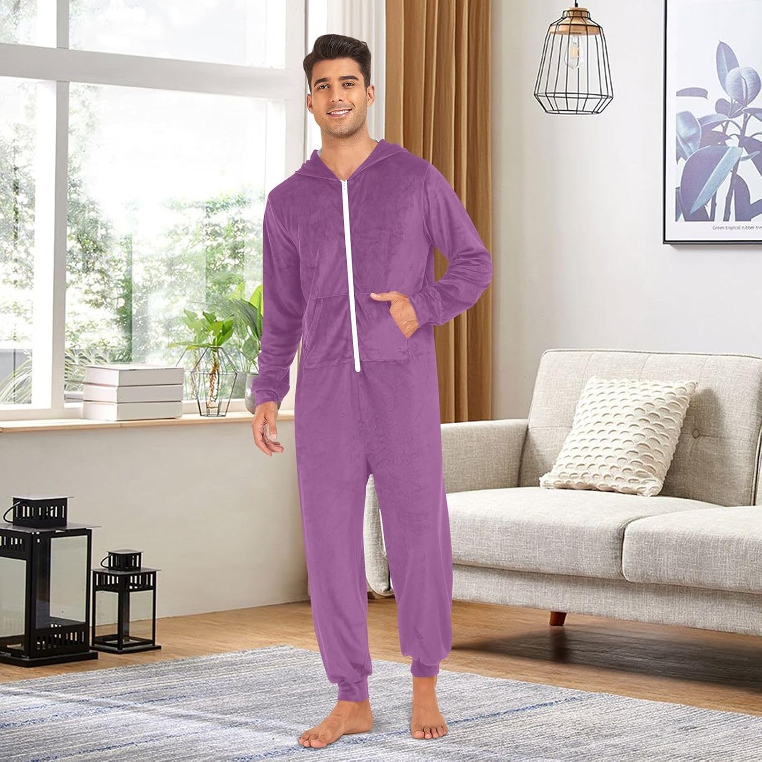 Plum Adult Onesie Pajamas, Soft Hooded One Piece Sleepwear with Zipper for Men Women, Christmas Loungewear Jumpsuit
