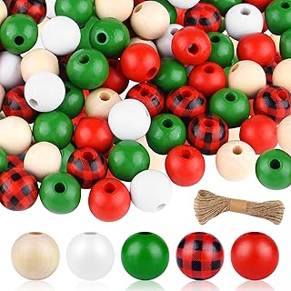 NACHLYNN 160 Pcs 16mm Buffalo Plaid Wood Beads Christmas Plaid Wooden Beads for Holiday Party Craft Supplies DIY Christmas Decoration