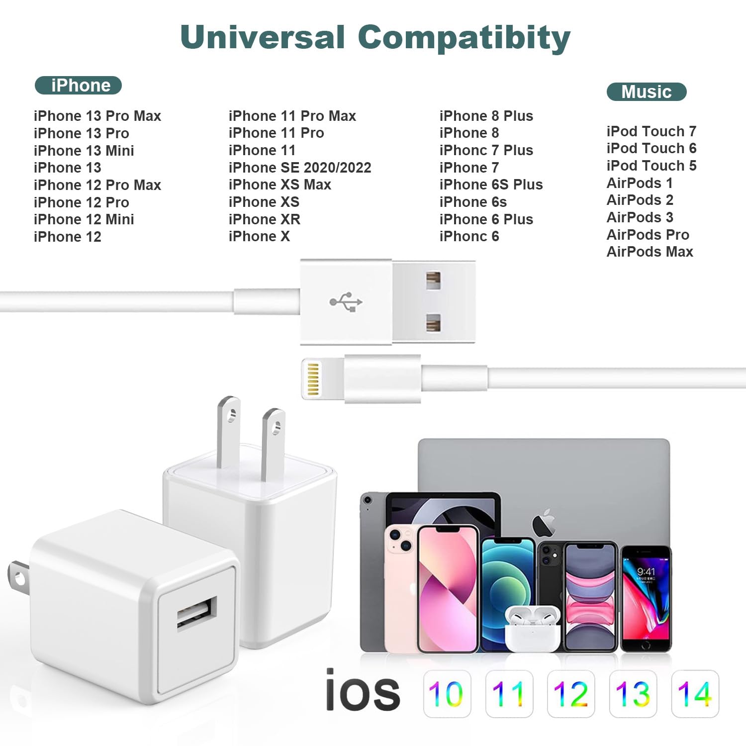 iPhone Charger,Cube iPhone Charger Travel 2Pack 6FT Lightning Cable Cord Quick Fast Charging Cord USB Wall Chargers Travel Plug Adapter for iPhone14/13/12/11/10/X/8 Plus/XR/XS Max/7/SE/iPad,Airpods