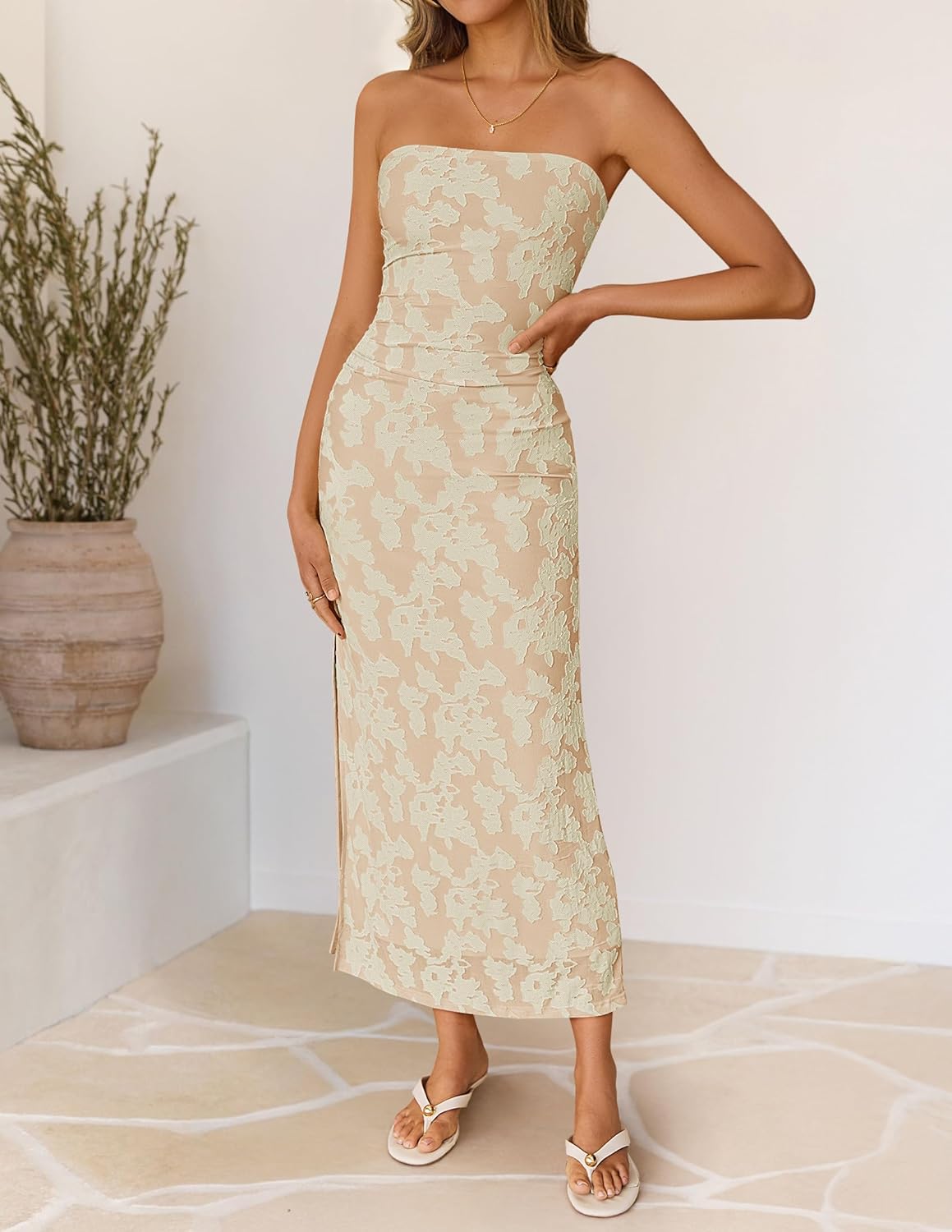 ZESICA Women's 2026 Summer Floral Strapless Maxi Dress Bodycon Tube Side Slit Mesh Wedding Guest Cocktail Party Long Dresses - Image 4