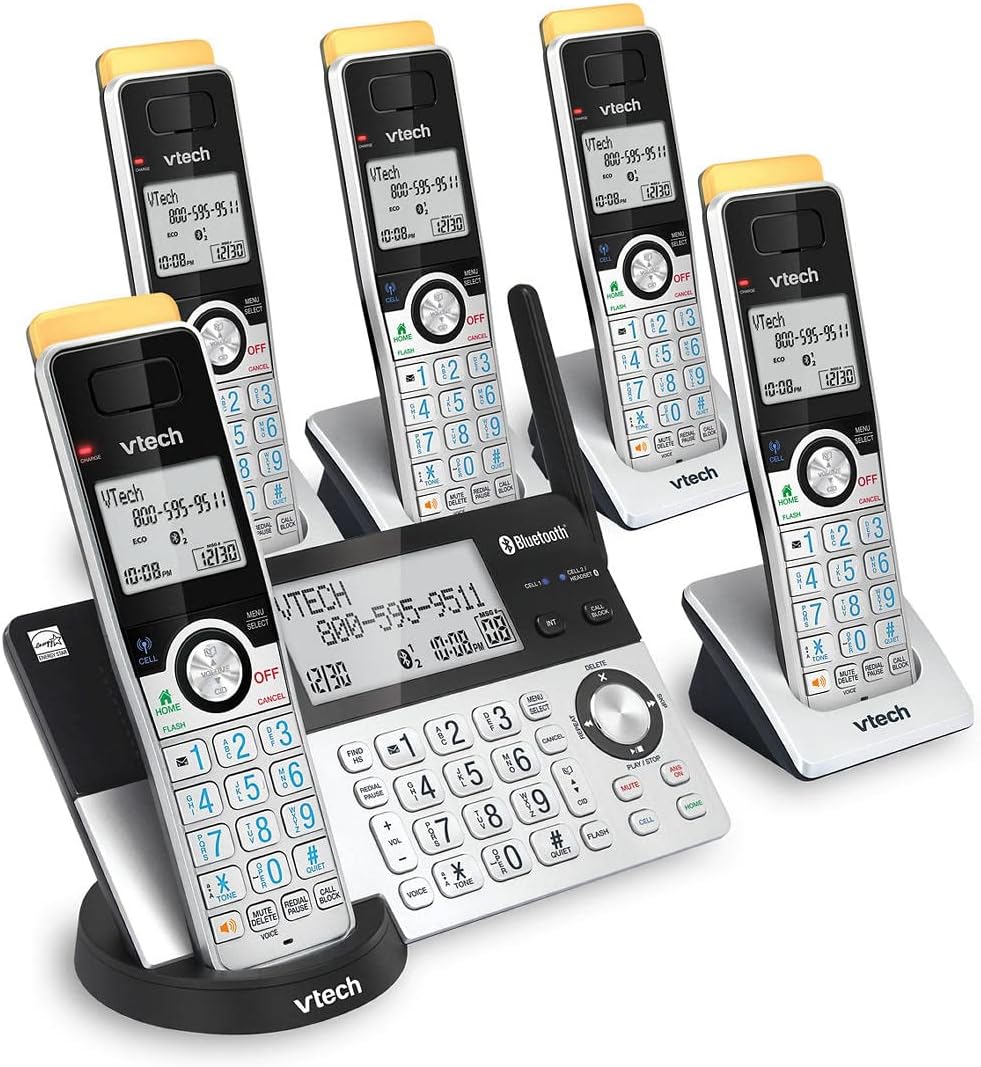 Super Long Range 5 Handset DECT 6.0 Cordless Phone for Home with Answering Machine, 2300 ft Range, Call Blocking, Bluetooth, Headset Jack, Power Backup, Intercom, Expandable to 12 HS
