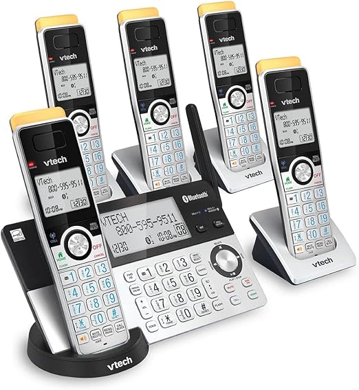 VTech Super Long Range 5 Handset DECT 6.0 Cordless Phone for Home with Answering Machine, 2300 ft Range, Call Blocking, Bluetooth, Headset Jack, Power Backup, Intercom, Expandable to 12 HS