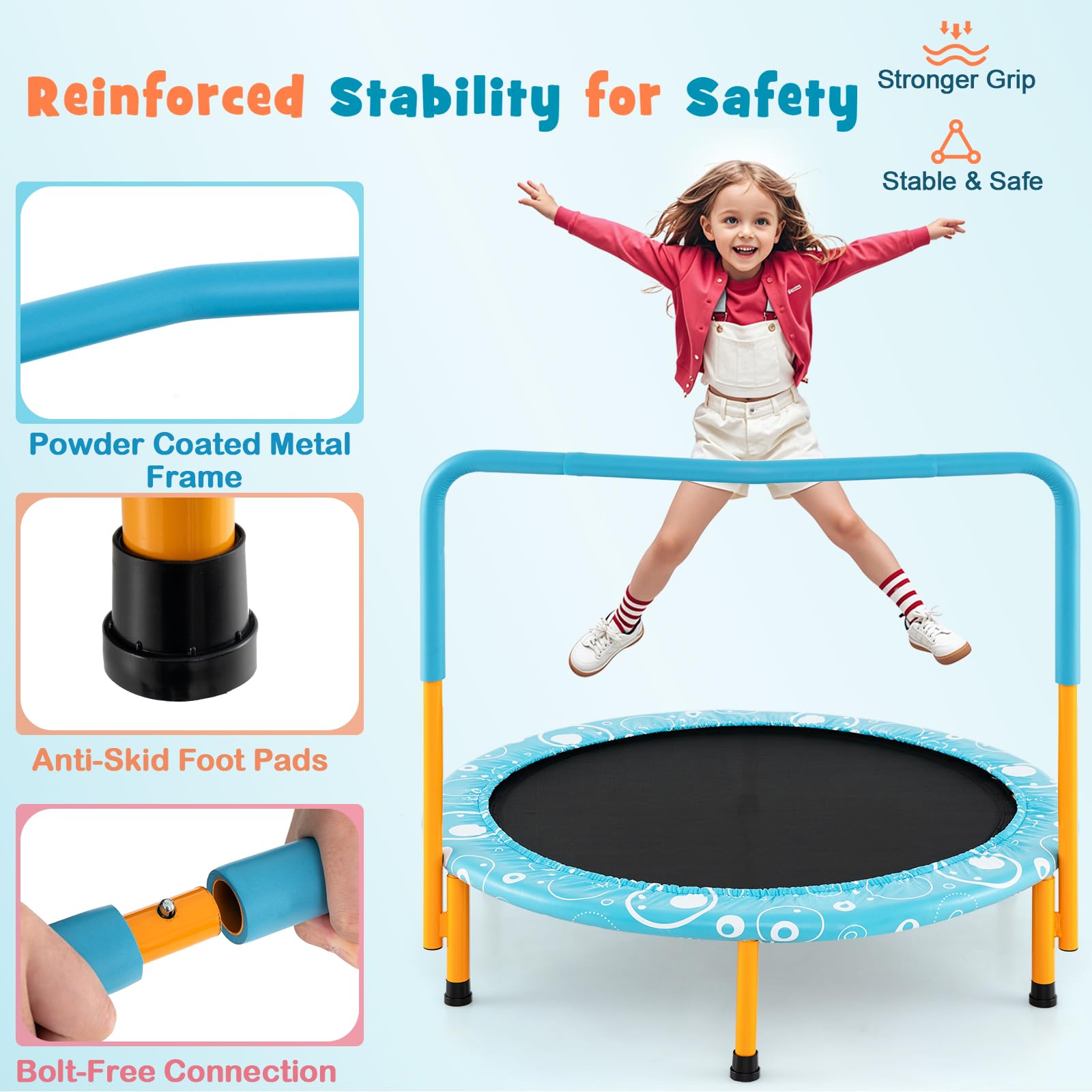 LIFEZEAL Trampolino Elastico per Bambini 3-10 Anni, Ø92x81cm, Mini Trampolino per Interno, Salta, Jump, con Maniglia e Gambe Rimovibili, Sicuro, Pieghevole, Telaio in Metallo, Regalo, Max 150kg