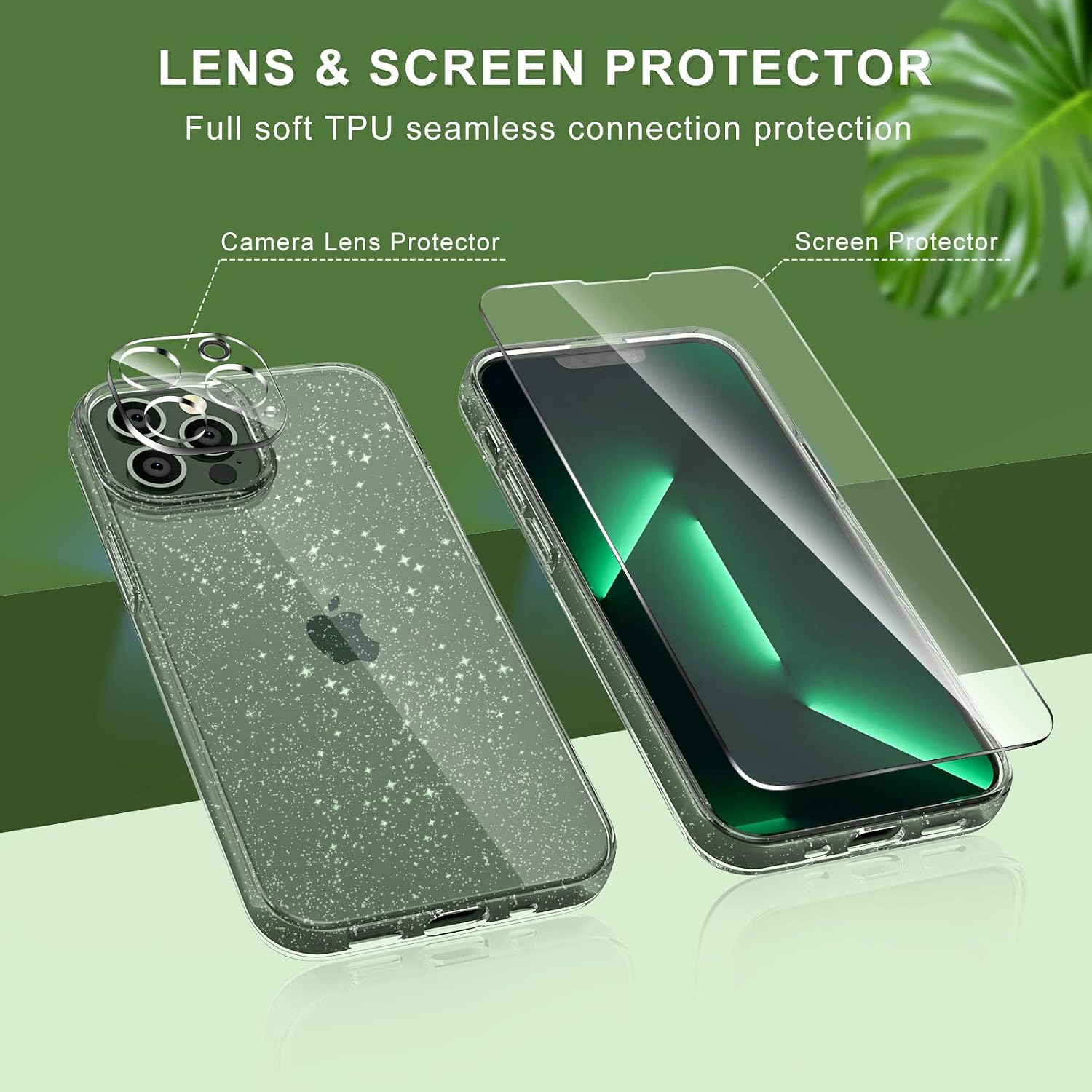 【𝟮𝟬𝟮𝟮 𝗡𝗲𝘄】 KSWOUS for iPhone 13 Pro Case 6.1 Inch with Screen Protector[2 Pack] + Camera Lens Protector[2 Pack], Soft Protective Clear Glitter Cases for Women Girls Shockproof Bling Phone Cover