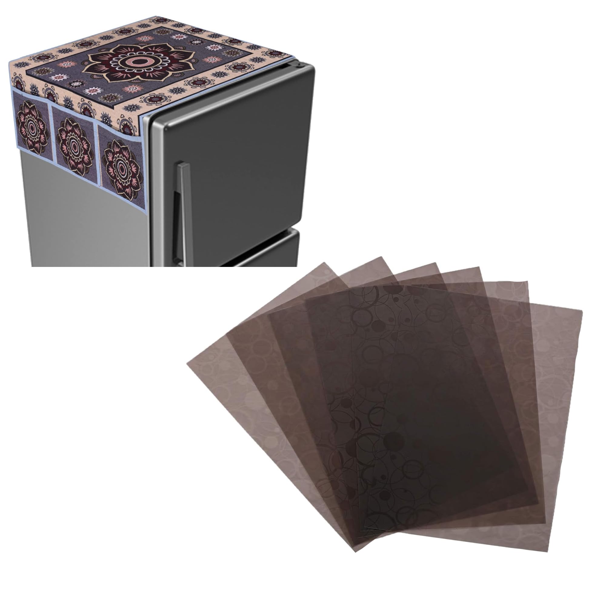 Kuber Industries Fridge Combo Set | 1 Piece Fridge Top Cover - 6 Piece Fridge Mats | Rangoli Print Refrigerator Top Cover | Circle Design Fridge Mat | Gray & Brown (B0D7CTL91T) Amazon Price History, Amazon Price Tracker
