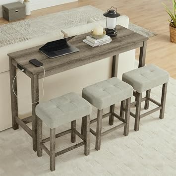4-Piece Bar Table and Chair Set for 3, Wooden Dining Table with 3 Upholstered Linen Stools and USB-Port, for Dining Room, Kitchen and Living Room, Brown