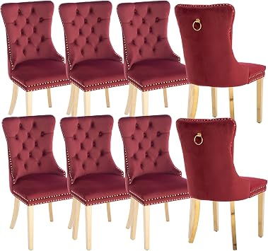 Dining Room Chairs with Velvet Fabric Dining Chairs with Golden Stainless Steel Plating Legs,Backrest and Button Velvet Fabric DesignLuxury Home Furniture for Dining RoomBurgundy Set of 8