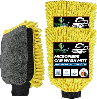 Towelogy® MC0P2 Microfibre Wash Mitt Set Of 2 Chenille Noodle Gloves Streak Free & Lint Fee Car Cleaning Mitt Dual Sided MACHINE WASHABLE (Yellow Neon)