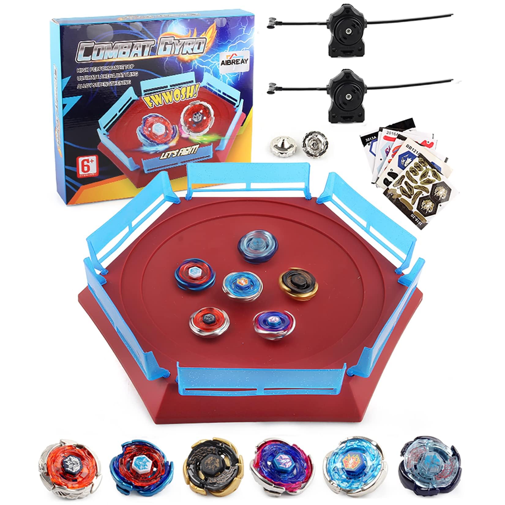 AIBREAY Battling Top Stadium Set, 6 Metal Fusion Spinning Tops, 2 Launchers, 1 Battle Arena with DIY Sticker, Combat Game Toys Gift for 6+ Years Old Kids